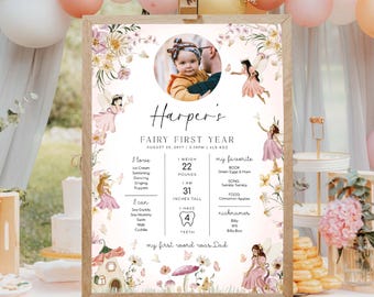 May include: A wooden easel displays a personalized "Fairy First Year" sign with a photo of a baby. The sign features floral illustrations, a baby's stats, and the name "Harper's". Balloons in peach, pink, and white decorate the background.
