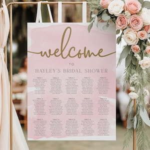 Editable Seating Chart Sign, Pink Watercolor, Printable Bridal Shower Table Plan Sign, Girl Baby Shower Seating Plan Poster, Guest List Sign