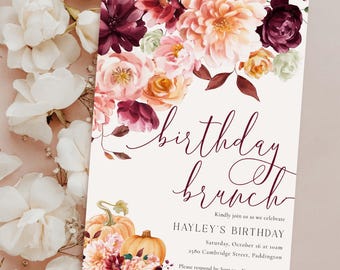 Printable Burgundy Fall Floral Birthday Brunch Invitation, Autumn Pink Orange Floral, Faye