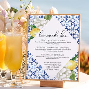 Lemonade Bar Sign, Mediterranean Blue Tile Lemons, Printable Bridal Shower Bar Sign, Wedding Bar Sign, Italian Theme, Capri, The Med