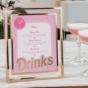 Editable Drinks Menu Sign, Cocktail Menu, Birthday Party Beverage Menu, Pink Gold Foil, Food Menu, Doll Party Menu