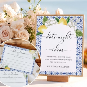 Date Night Ideas Cards and Sign, Mediterranean Blue Tile, Amalfi Lemons, Bridal Shower Date Night Jar Game, Newlywed Advice, The Med