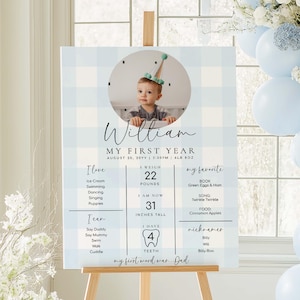 Printable Baby Milestone Board, Blue Gingham Check, Baby&#39;s First Year Poster, 1st Birthday 12 Months Milestone Photo Banner Sign