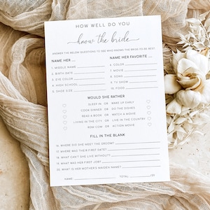 Jeu imprimable Comment connaissez-vous bien la mariée, jeu-questionnaire sur la douche nuptiale, script de Quinn