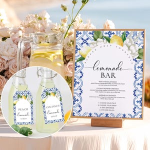 May include: A lemonade bar setup with a sign featuring a blue and white tile design and the words "Lemonade Bar." Two glass bottles with "Peach Lemonade Syrup" and "Coconut Lemonade Syrup" labels are in the foreground. A pitcher of lemonade is visible.