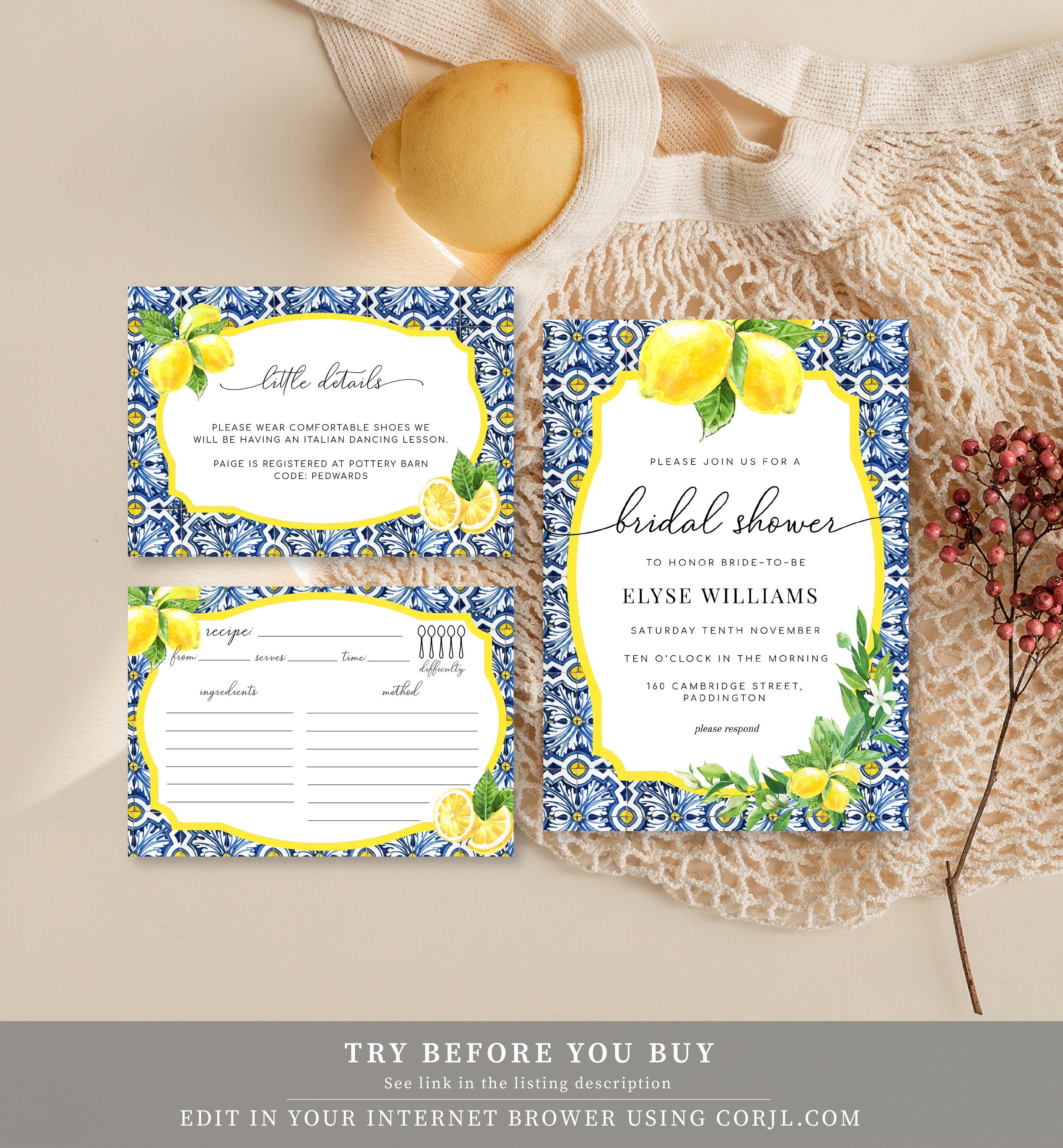 Bridal Shower Invitation Details Recipe Card Positano Blue - Etsy Australia