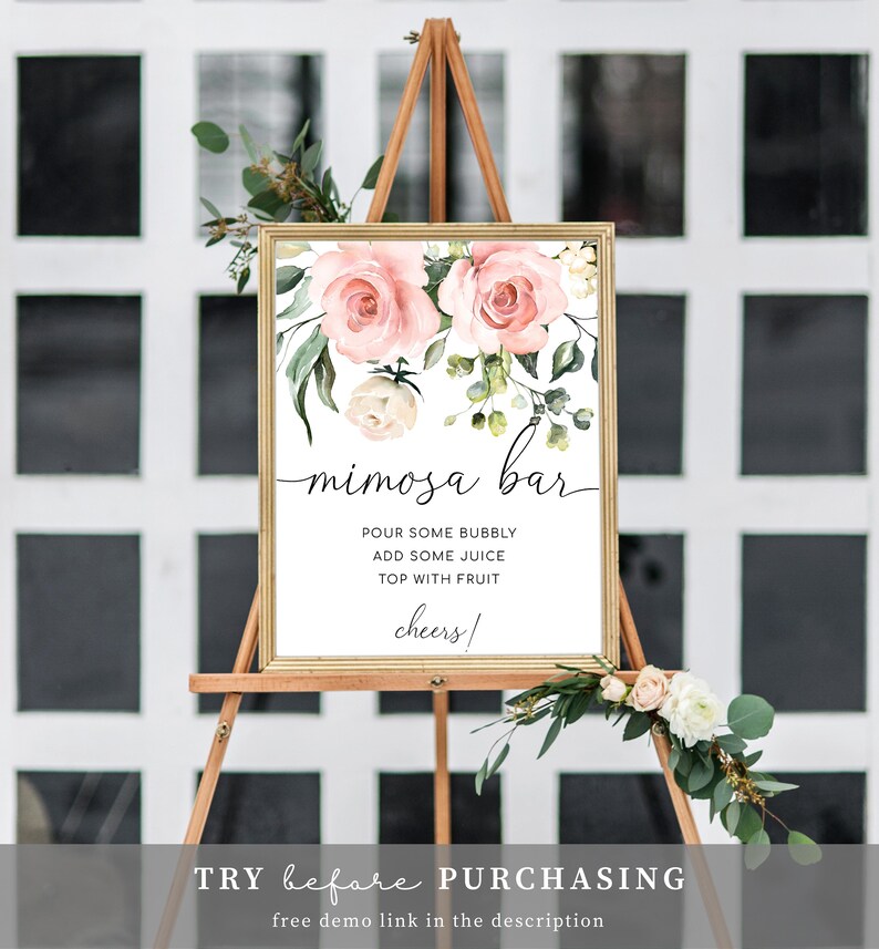 Blush Floral Mimosa Bar Sign, Printable Bridal Shower Mimosa Bar Sign, Greenery Mimosa Bar Sign, Baby Shower Mimosa Bar Sign, Darcy Pink image 8