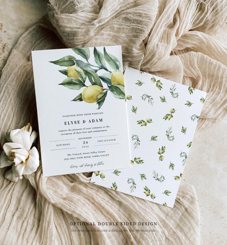 Printable Wedding Invitation Suite, Detail and RSVP Postcard,  Italian Lemons Editable Wedding Invitation Set, Italian Amalfi Lemons, Tuscan