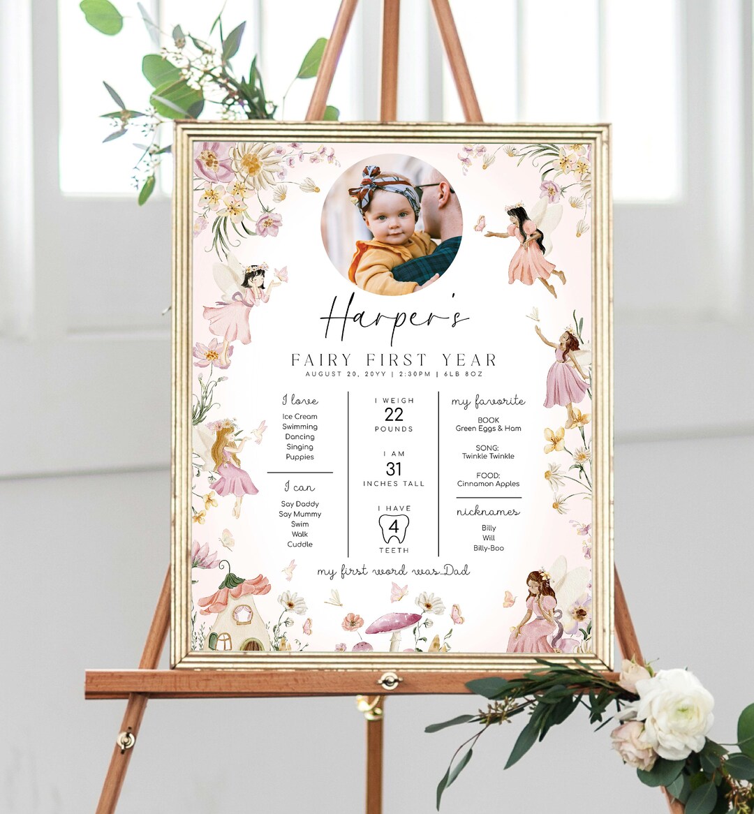 Fairy Photo First Birthday Milestone Board, Printable Baby's First Year ...