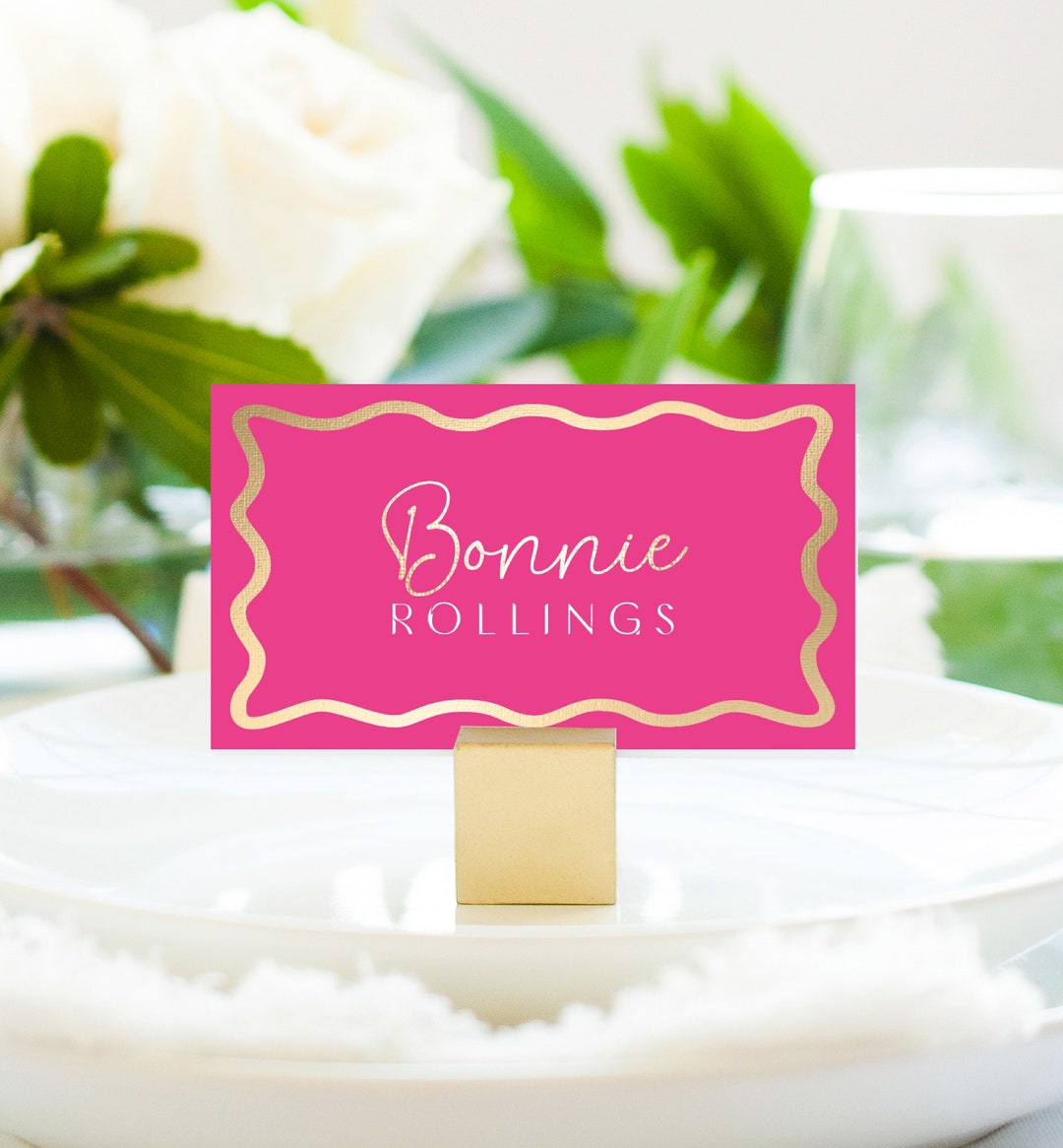Printable Place Cards, Wave Curve Line, Hot Pink Gold, Editable Bridal