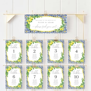 Printable Wedding Table Plan Cards, Find Your Seat Seating Chart Cards, Positano Blue Tile Lemon Seating Chart Card, Seating Plan Card