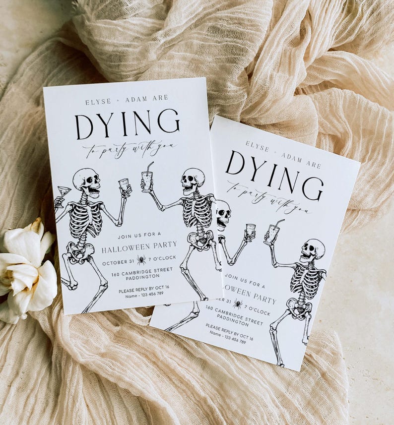 Printable Halloween Party Invitation, Halloween Costume Party Invitation, Dying To Party, Skeletons, Adults Halloween Party, Halloween Evite