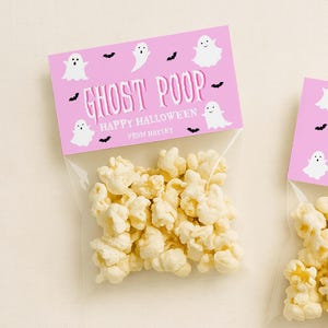 Op de afbeelding: Transparante cellofaan zakken gevuld met popcorn, met een roze label. Het label leest "GHOST POOP" in wit, met spook- en vleermuis illustraties. De tekst "HAPPY HALLOWEEN" en "FROM HAYLEY" staan ook op het label.