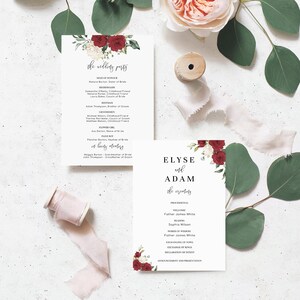 Printable Red Floral Wedding Program Template, Editable Wedding Service Program, Order of Ceremony, DIY Wedding Stationery, Darcy Red