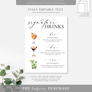 May include: A white sign with the text "Signature Drinks" in elegant script. Below are watercolor illustrations of three cocktails: Aperol Spritz, Espresso Martini, and Lychee Mojito. The sign includes the text "Print Anywhere" and "Fully Editable Text".