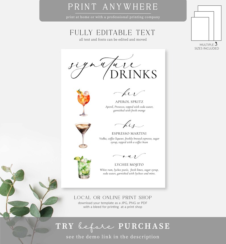 May include: A white sign with the text "Signature Drinks" in elegant script. Below are watercolor illustrations of three cocktails: Aperol Spritz, Espresso Martini, and Lychee Mojito. The sign includes the text "Print Anywhere" and "Fully Editable Text".