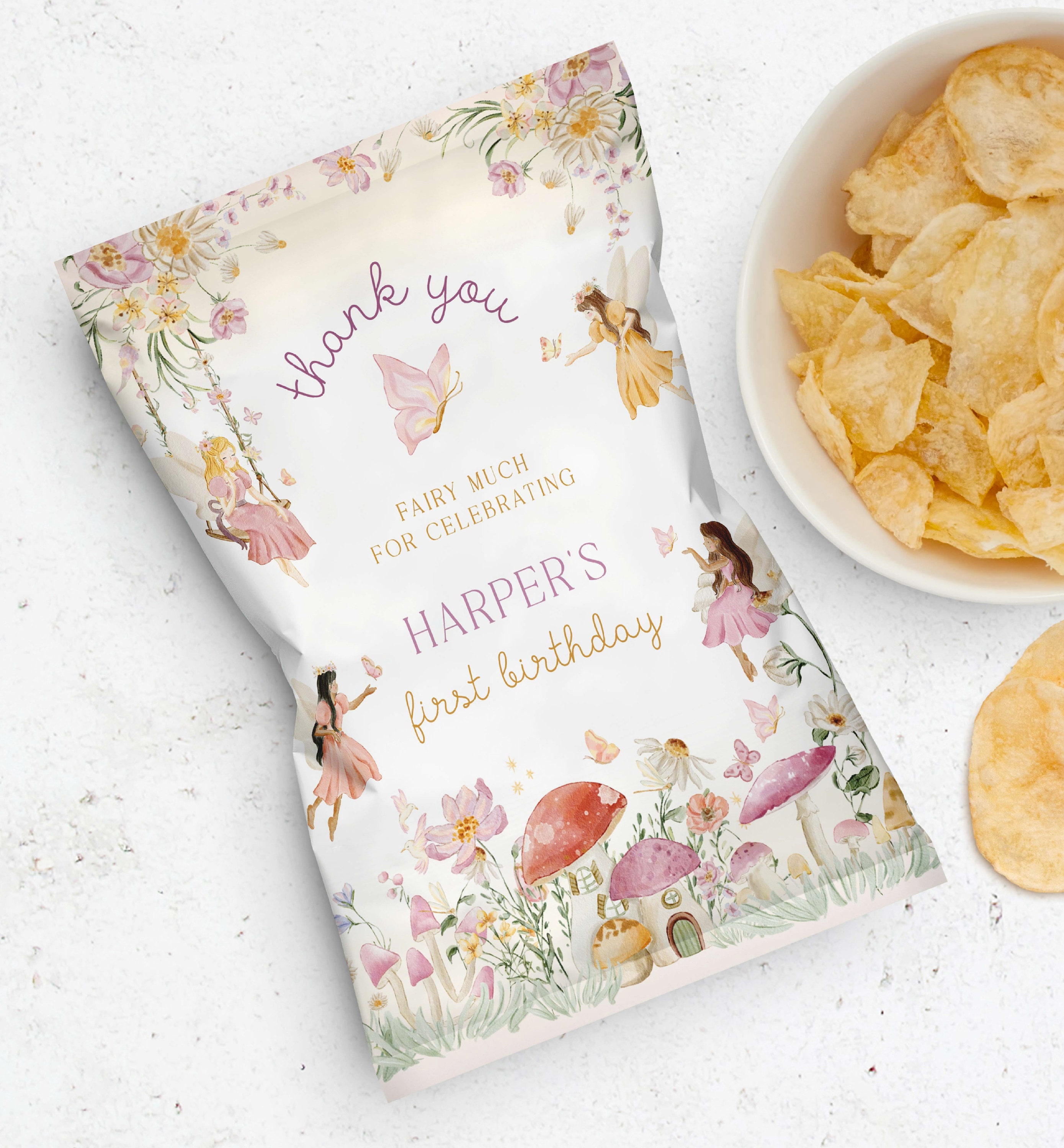 Fee erster Geburtstag Chip Paket Wrap, Fee Prinzessin Gastgeschenk, Mädchen Geburtstag Dankeschön Crisp Beutel Etikett, Fairy Garden Teeparty