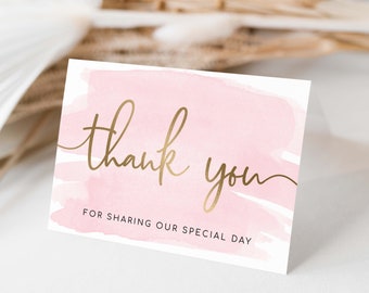 Pink Watercolor Thank You Card, Gold Foil, Folded or Flat (Digital Download)