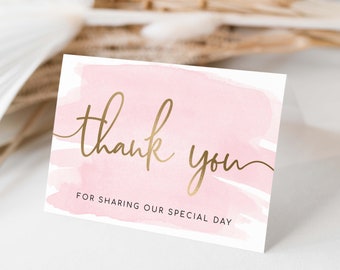 Printable Thank You Card, Pink Watercolour, Folded and Flat Thank You Card, Gold, Bridal and Baby Shower Thank You Card