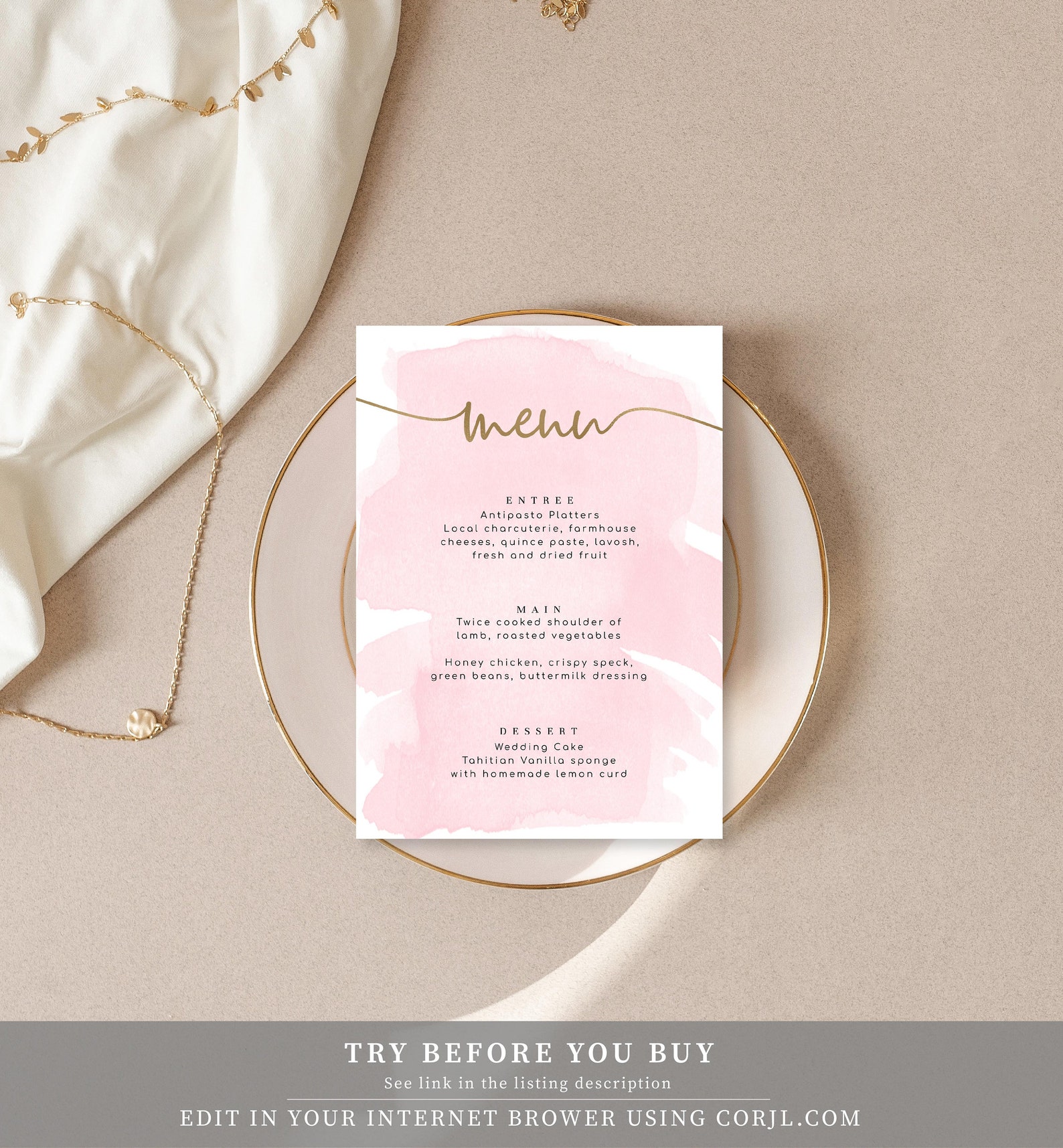 Editable Menu Printable Dinner Menu Gold Foil Pink | Etsy