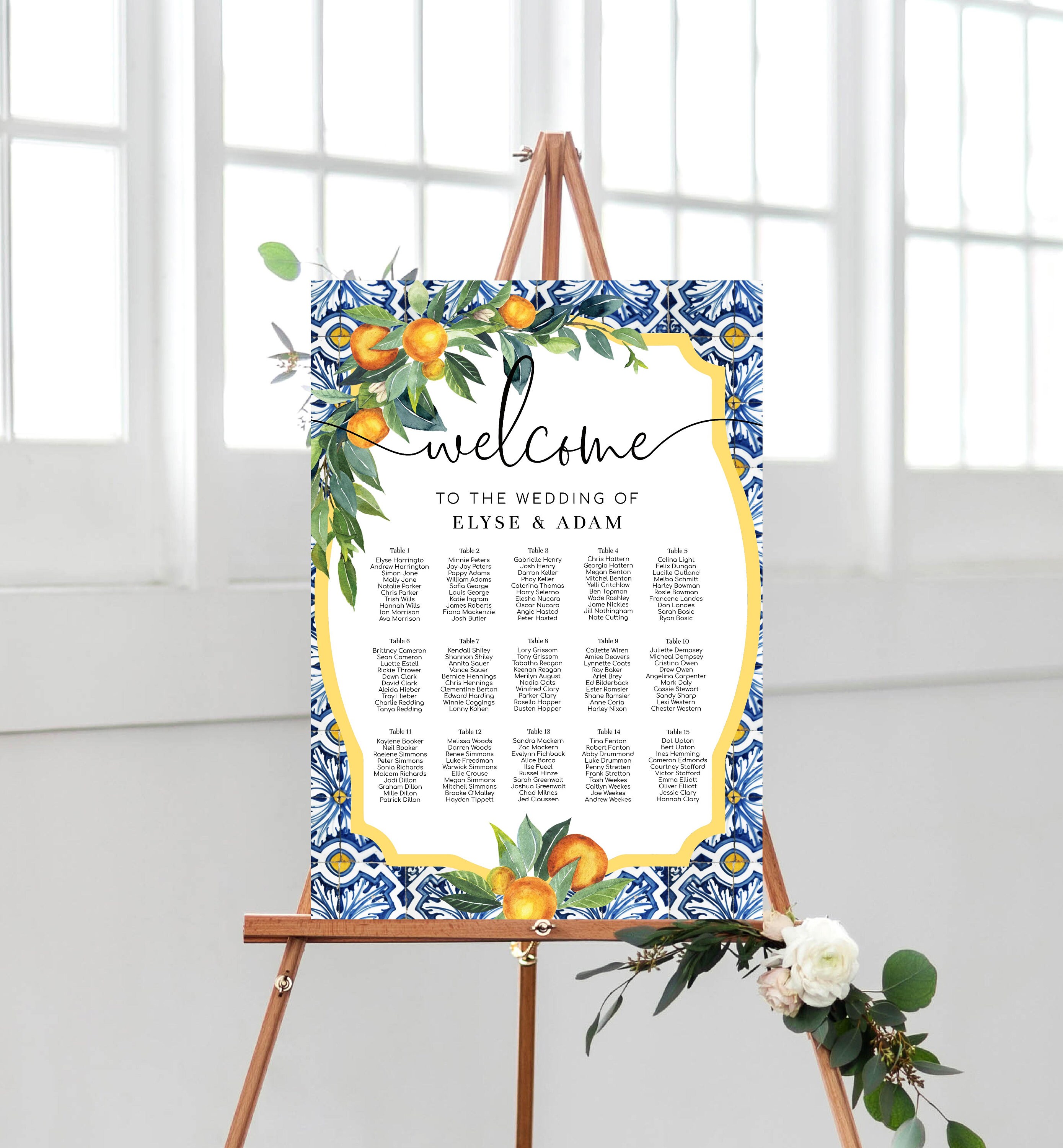 Editable Seating Chart Printable Positano Blue Tile Oranges Etsy Polska