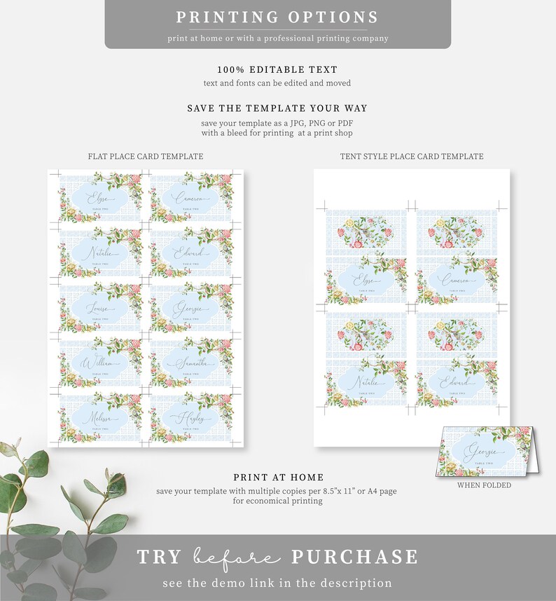 Editable Printable Place Card Template Floral Chinoiserie - Etsy Australia