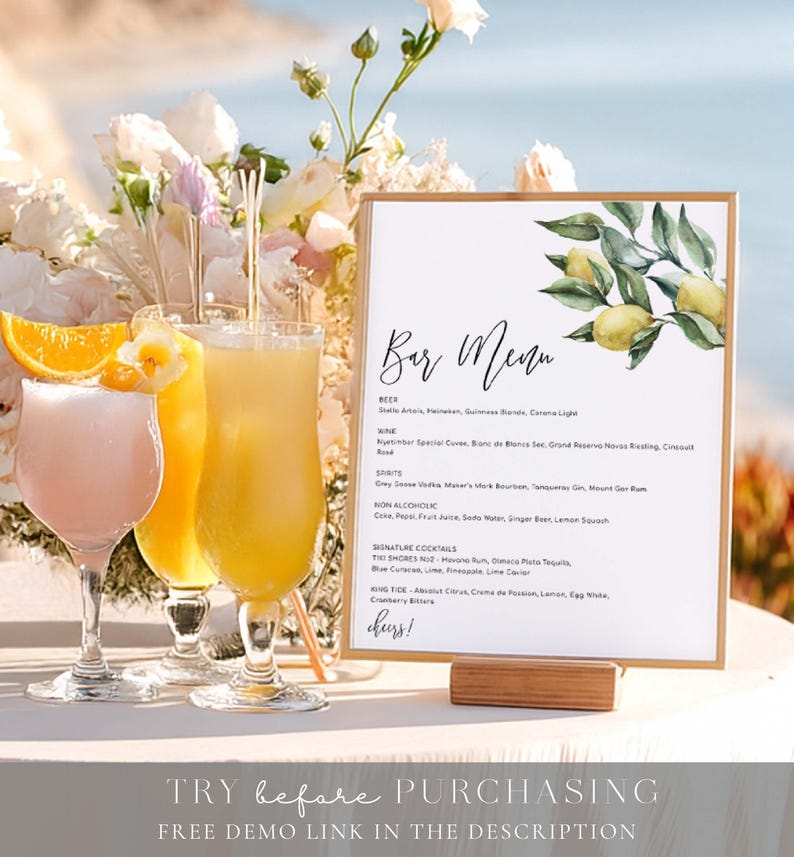Lemon Bar Menu Sign – Editable Wedding Drinks Menu (Printable), Tuscan Floral image 6