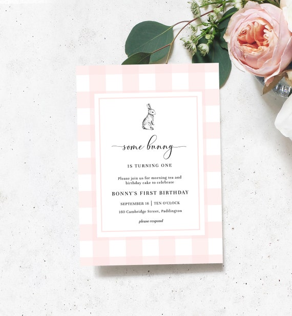 Some Bunny Birthday Printable Invitation - Pink Gingham Bunny Rabbit First Birthday - Picnic 1st Birthday Party - 2nd Birthday Invitation
