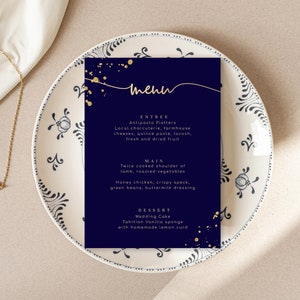 Granatowy i złoty edytowalny szablon menu do wydruku - Menu weselne - Menu DIY - Papeteria ślubna DIY - Złoty brokat
