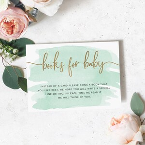 Bücher für Baby Karte Geschlecht Neutral Babyparty Vorlage - Goldfolie - Grüne Babyparty - Druckbare bearbeitbare Einladung - Aquarell