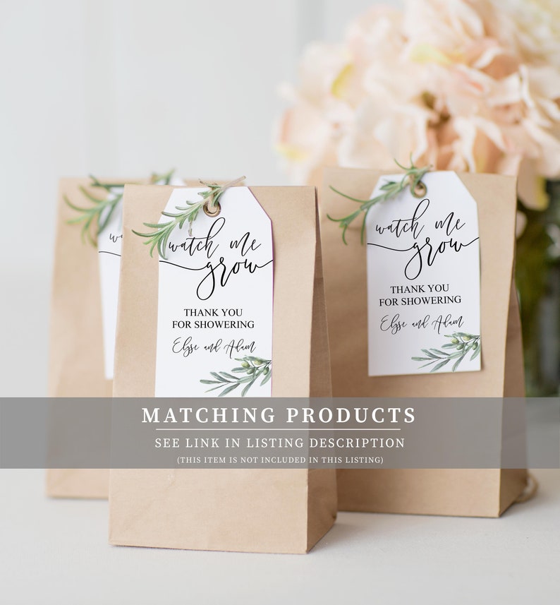 May include: Brown paper bags with white tags that say "watch me grow" and "Thank you for showering [name] and [name]" with a green leafy design. The text "Matching Products" is below the bags with the text "See link in listing description (This item is not included in this listing)".