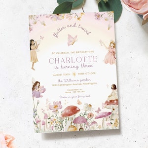 May include: A pink and purple invitation with a floral design and a fairy theme. The invitation says "To celebrate the birthday girl Charlotte is turning three" and includes the date, time, and location of the party. It also says "Dress in your fairy best".