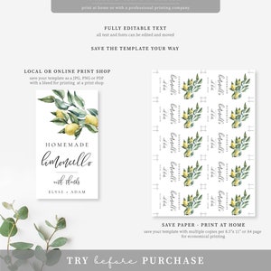 May include: Printable label template for homemade limoncello. The label features a watercolor illustration of a lemon branch with green leaves and yellow lemons. The text on the label reads "HOMEMADE limoncello with thanks ELYSE ADAM".