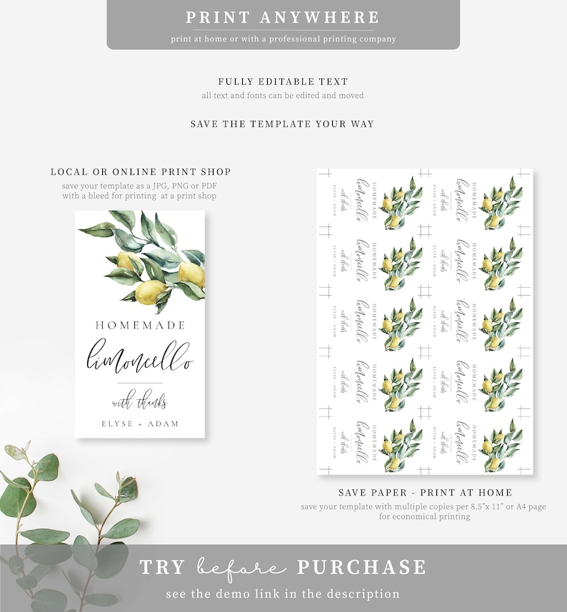 May include: Printable label template for homemade limoncello. The label features a watercolor illustration of a lemon branch with green leaves and yellow lemons. The text on the label reads "HOMEMADE limoncello with thanks ELYSE ADAM".
