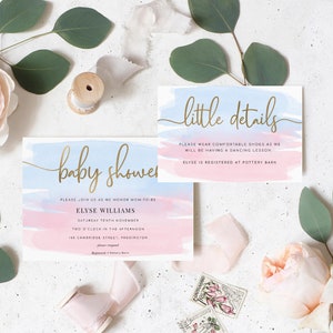 Baby Shower Einladung und Details Karte, Gold, Pink und Blau Aquarell Gender Neutral Baby Shower Invite, printable Einladung