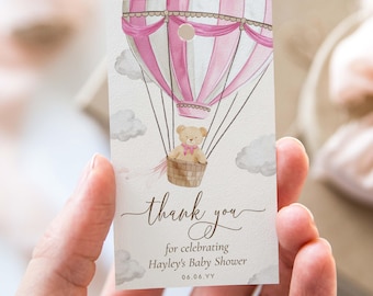 Könnte beinhalten: Ein Babyparty-Dankeschild mit einem rosa-weißen Heißluftballon mit einem Teddybären in einem Korb. Das Schild enthält den Text "thank you" und "for celebrating Hayley's Baby Shower".