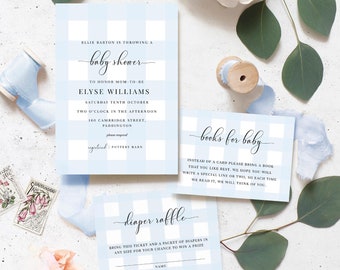 Blue Gingham Baby Shower Invitation Set (Printable)