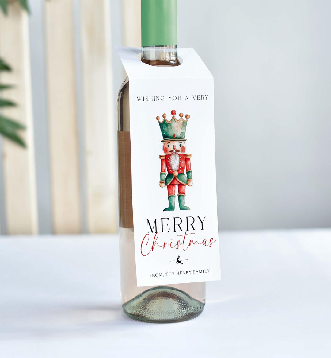 Printable Merry Christmas Wine Bottle Tag, Nutcracker Wine Bottle Bib ...
