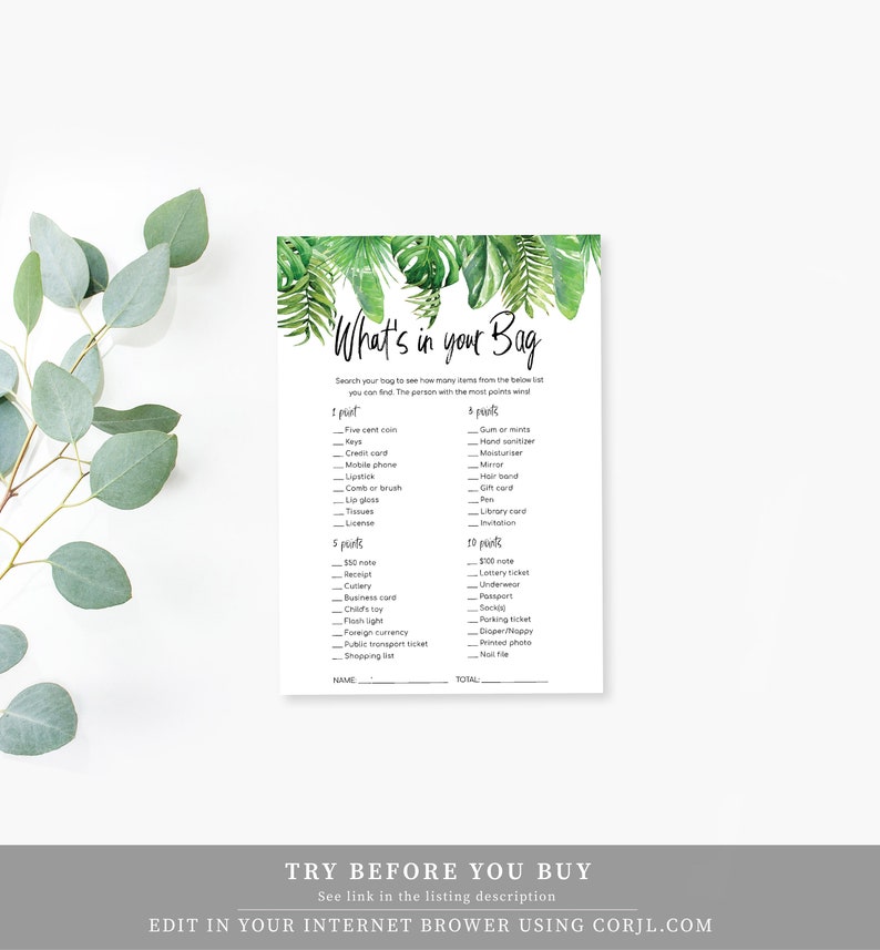 Printable Tropical What's In Your Bag Purse Game Etsy