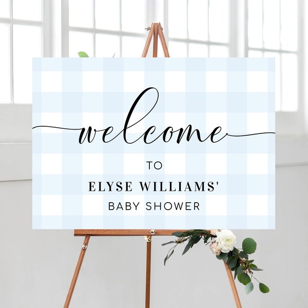 Blue Gingham Welcome Sign, Boy Baby Shower Pale Blue Check Welcome Sign, Printable Blue White Plaid Male Birthday Sign