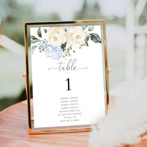 Numéros de table imprimables avec noms d'invités, modèle de numéro de table modifiable pour mariage floral rose blanche, plans de table, cartes Darcy White
