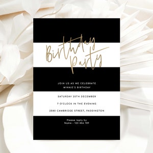 Printable Birthday Party Invitation, Black and White Striped Birthday Invite, Gold, Monochrome Invitation, Makeup Party Invitation