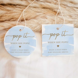 Pop It When She Pops Champagne Favor Tag and Label, Printable Blue Boy Baby Shower Pop It Favor Tag, Blue Watercolor Mini Wine Bottle Label