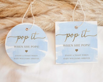 Pop It When She Pops Champagne Favor Tag and Label, Printable Blue Boy Baby Shower Pop It Favor Tag, Blue Watercolor Mini Wine Bottle Label