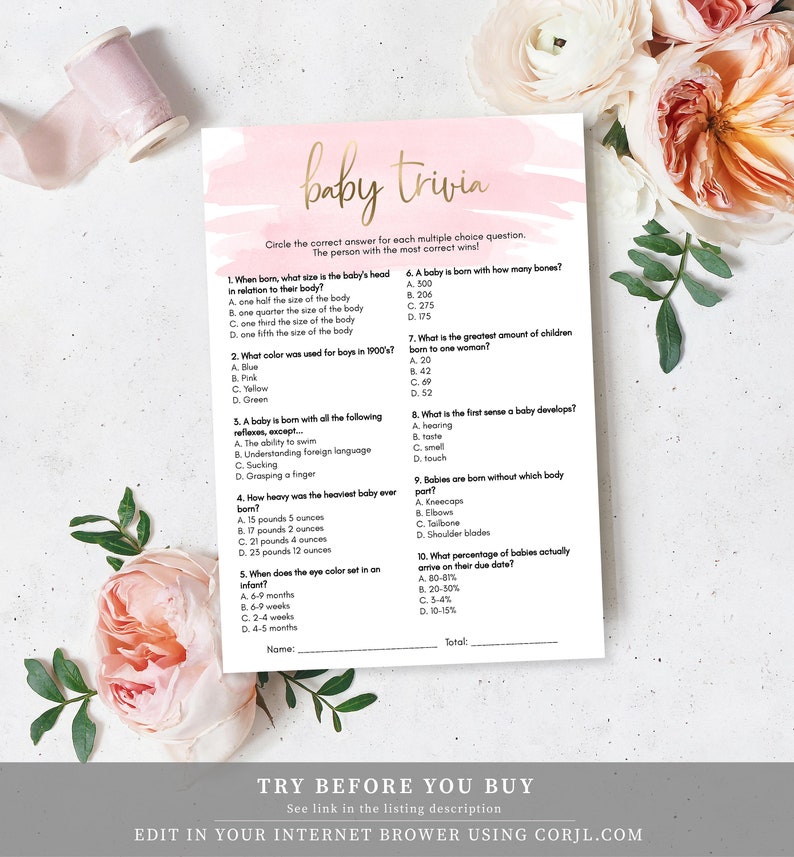 Baby Trivia Game Couples Baby Shower Pink Watercolour Baby Etsy