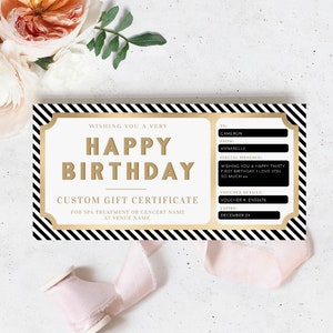 Alles Gute zum Geburtstag benutzerdefinierte Geschenkgutschein Vorlage, Druckbare Geburtstag Geschenkgutschein, Unisex Geburtstag druckbare Geburtstagsgeschenkgutschein, Streifen