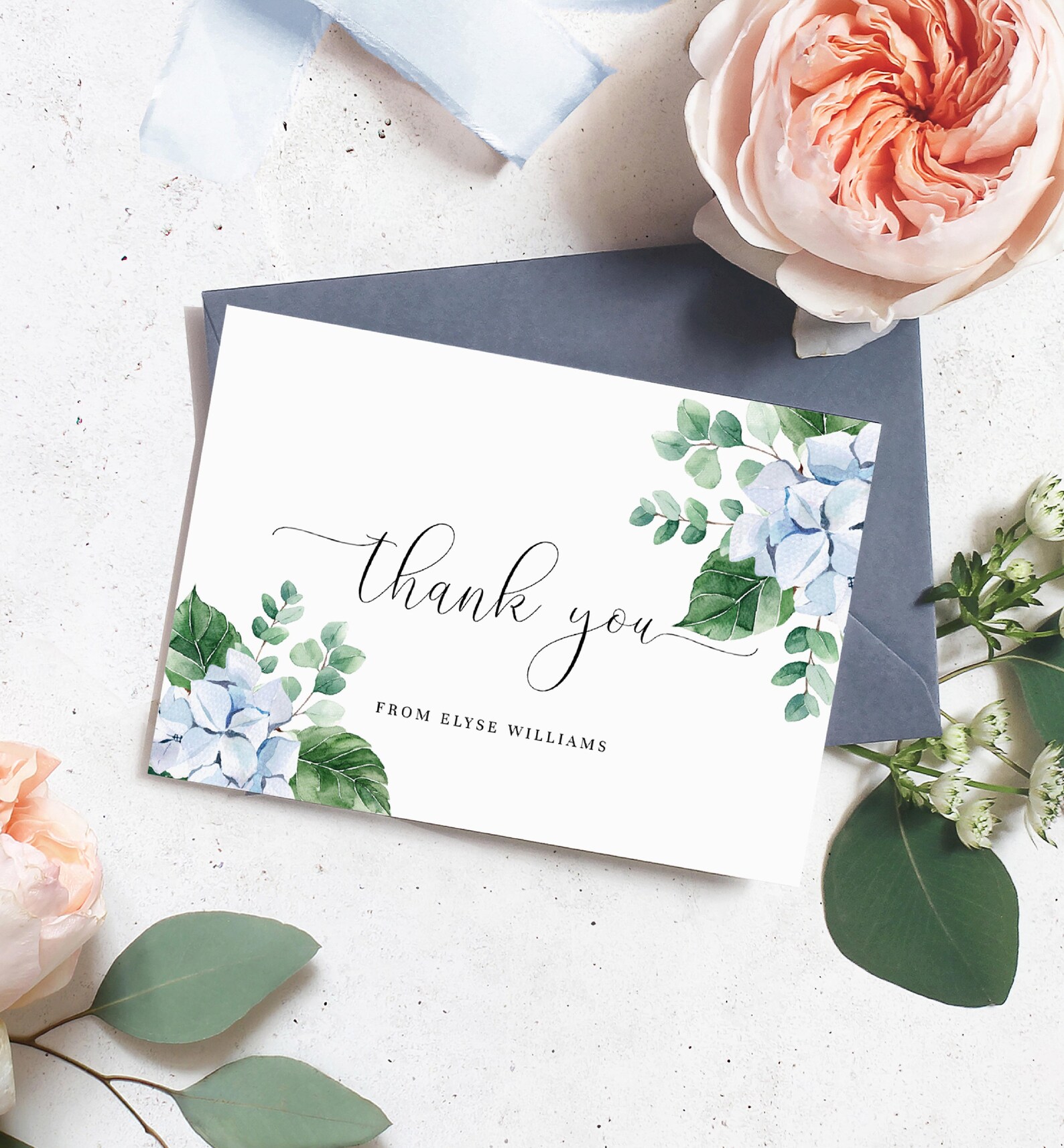 Blue Hydrangea Thank You Card, Editable Template (digital Download ...