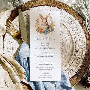 Plantilla de menú de Pascua imprimible, menú de brunch de Pascua, menú de almuerzo de Pascua, menú de cena de Pascua, conejito de Pascua, búsqueda de huevos de Pascua, menú de comida de Pascua