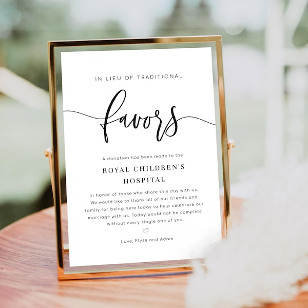 In Lieu of Favors Sign, Modern minimalist Wedding Donation Favor Sign, Printable Wedding Favours Bar Sign, DIY Wedding Sign, Lucas Script