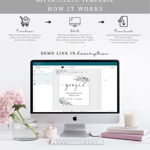 May include: A computer screen displaying a digital template for a wedding thank you card. The card features a green olive branch design and the text "grazie" for sharing our special day. The text "Elyse & Adam" is also included.